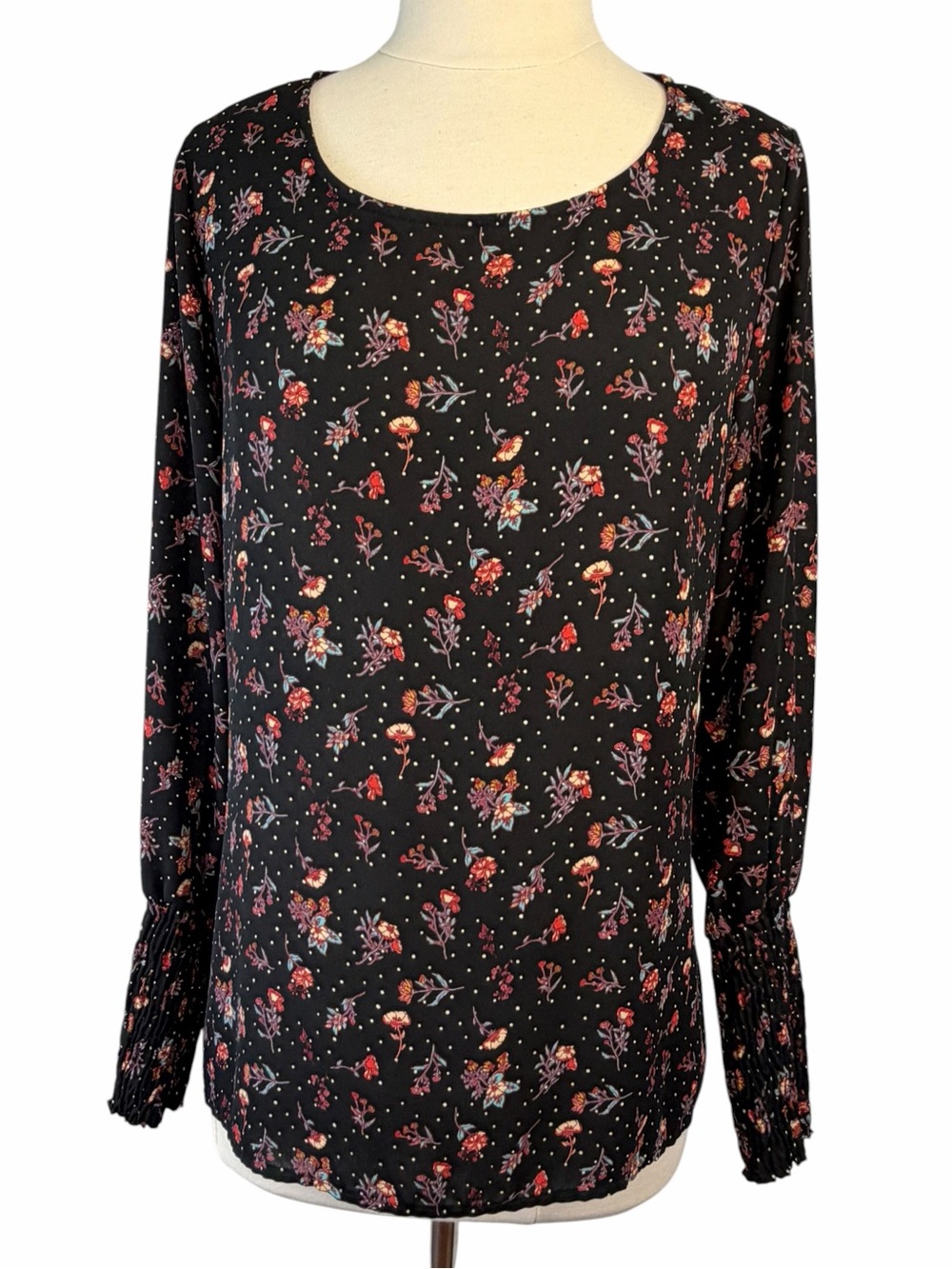 Anthropologie Pleione Top Flowy Scoop Neck Long Sleeve Floral Print Black - Picture 11 of 15
